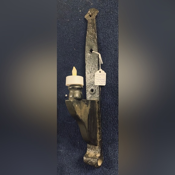 Black Metal Industrial Style Candle Sconce with wood holder 14.75” tall x 3.50” - Picture 2 of 2